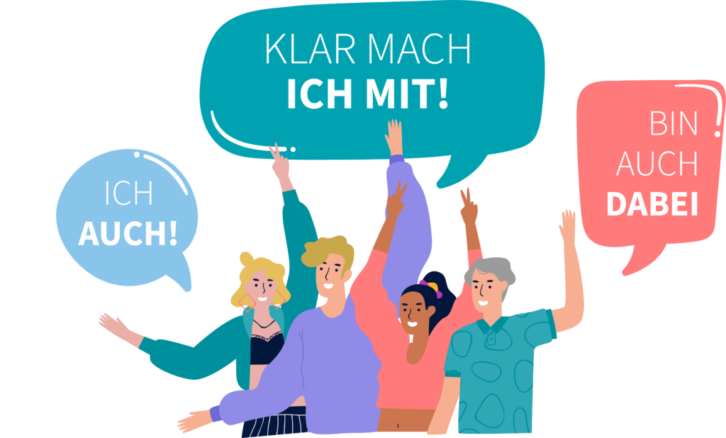 Illustration Personen mit Sprechblasen und dem Sloagen "Klar mach ich mit" - Herzlich Willkommen bei Deutschlands Markt- und Spzialforschern