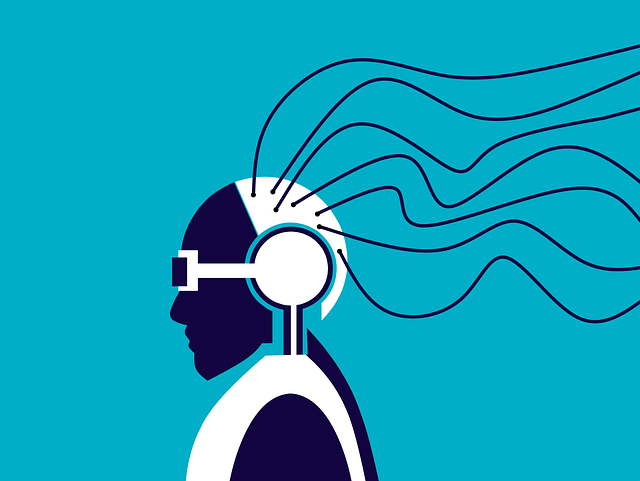 Illustration einer Person mit Kopfhörern und einer Haube die mit Kabeln verbunden ist. Beispielhaft für das Metaverse.