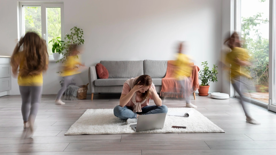 Gestresste Mutter sitzt mit Laptop auf dem Boden während Kinder durch das Wohnzimmer rennen