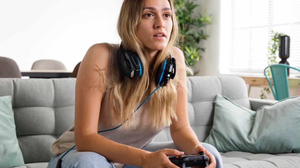 Junge Frau mit Gaming-Headset spielt konzentriert Videospiele auf dem Sofa