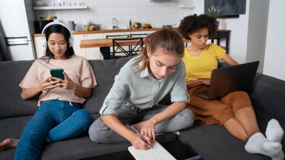 Drei junge Frauen unterschiedlicher Herkunft sitzen auf einem Sofa und nutzen Smartphone, Heft und Laptop