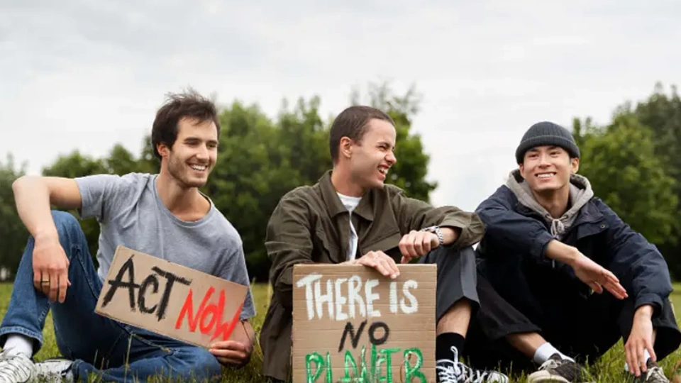 Claude hat geantwortet: Drei junge Männer sitzen auf einer Wiese und halten Klimaprotest-Schilder mit den Aufschriften "Act Now" und "There Is No Planet B"Drei junge Männer sitzen auf einer Wiese und halten Klimaprotest-Schilder mit den Aufschriften "Act Now" und "There Is No Planet B"